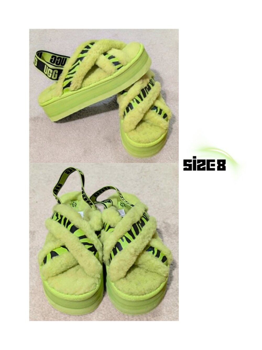 UGG Disco Cross Slide Animalia Key Lime Neon Green Sheepskin Platform Sandals 8